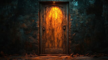 Mysterious Dark Wooden Door with Dramatic Lighting and Intricate Design Creating an Enigmatic Atmosphere
