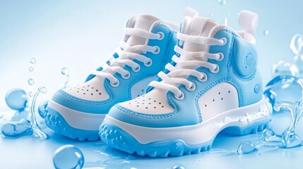 Water shoes in blue with white accents on a water splash background. Generative AI