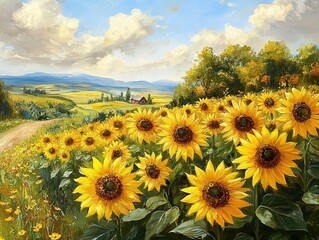 Obraz premium Sunflowers blooming by rural road, farmhouse, valley, cloudy sky