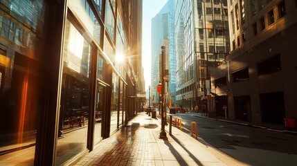 Obraz premium Boston financial district skyline, towering skyscrapers against a vibrant sky, bustling streets below, modern architecture reflecting the city's economic vitality, urban landscape