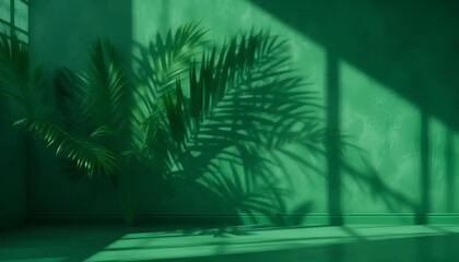  palm leaves casting shadows on a green wall and  floor, creating a summer tropical in an empty room