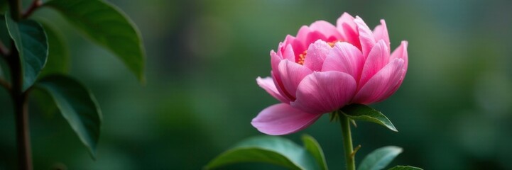 Pink peony stem with dew-kissed leaves and water droplets, nature, water droplets, botanical photography