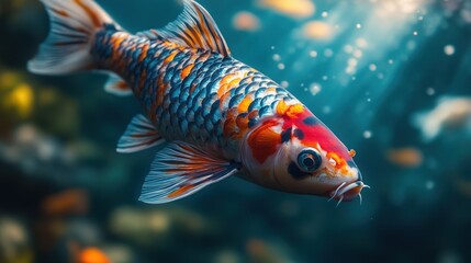 Fototapeta premium Koi fish swimming pond, bubbles, underwater, aquatic, serenity