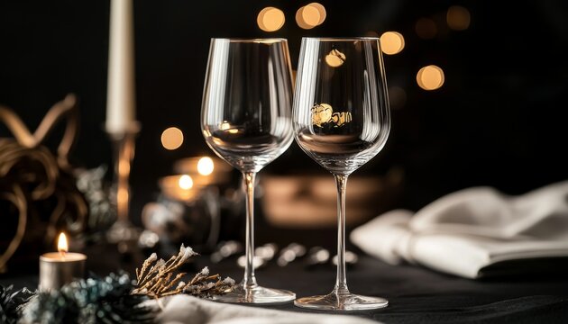 charming dining table showcasing a pair of stylish wine glasses, beautifully arranged for a special occasion, enhanced by elegant tableware and floral accents