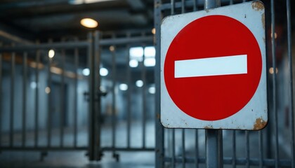 No Entry Sign at Industrial Gate Metal Fence