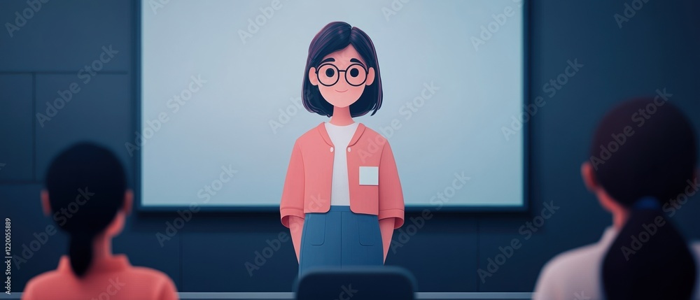 Poster ai-powered education concepts. animated character presenting in a modern classroom setting.