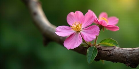 Pink wild roses growing on a rustic wooden branch, , flowers blooming