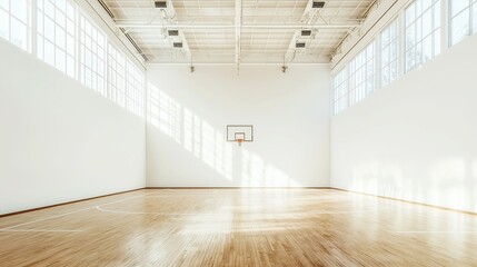Intimate View of a Basketball Court, polished wooden floor gleaming under bright spotlights, expansive area inviting dynamic gameplay and athletic energy.