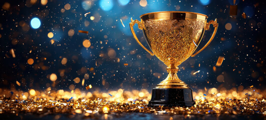 golden trophy shines brightly amidst sparkling confetti and lights, symbolizing victory and celebration. atmosphere is festive and joyful, perfect for honoring achievements
