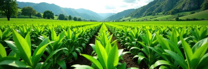 Plantation landscape with rows of green vanilla plants, plants, scenery