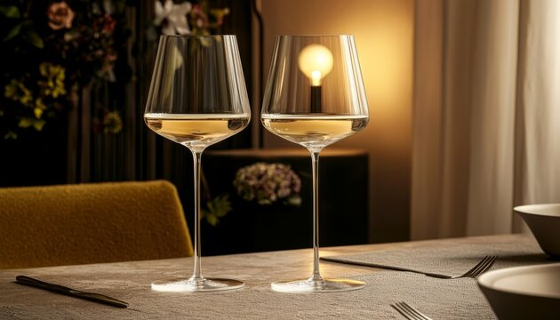 charming dining table showcasing a pair of stylish wine glasses, beautifully arranged for a special occasion, enhanced by elegant tableware and floral accents - Powered by Adobe