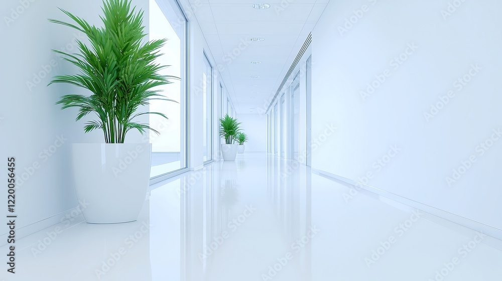 Aufkleber office corridor with open space, modern design elements, bright ambient light filtering through larg