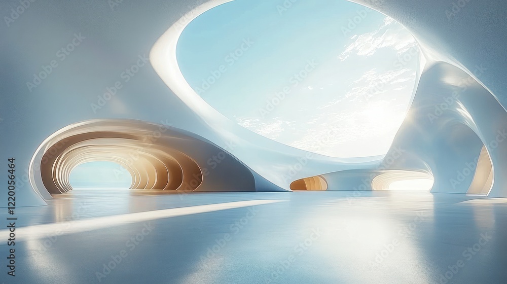 Poster futuristic minimalist architecture with smooth white curves and empty car park against blue sky