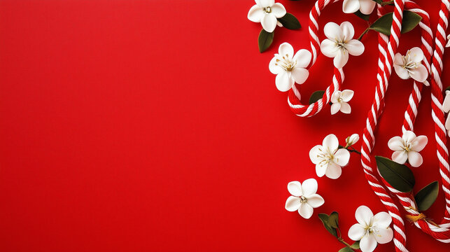 Greeting Card and Banner Design for Baba Marta Day with red background with red and white martisor rope and white flower decoration