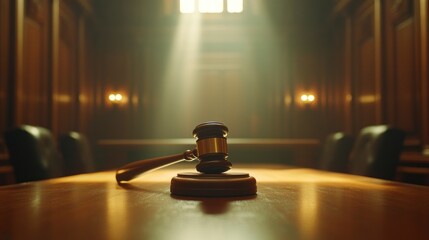 Obraz premium The focus is on a small gavel placed at the center of a courtroom table, with the rest of the room blurred in the background.