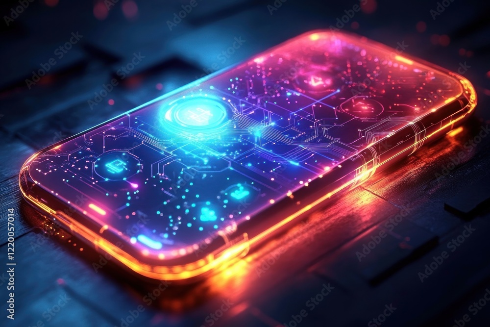 Poster futuristic smartphone with neon circuit patterns and global connectivity in dark room