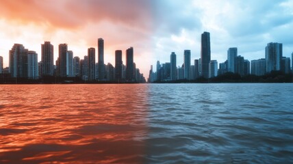 Fototapeta premium Sunset and sunrise reflection over city skyline urban environment photography dramatic contrast aerial view nature