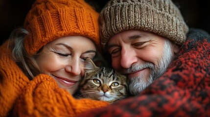 Cozy senior couple cuddling cat indoors, winter