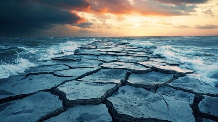 Cracked earth and ocean waves at sunset coastal landscape dramatic seascape atmospheric viewpoint