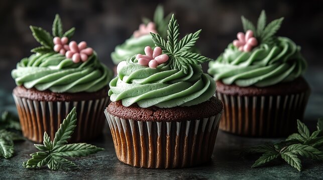 Decorative cannabis cupcakes with green frosting and candy cannabis leaves on a dark background offer a vibrant, creative dessert idea for party decorations and cannabis culture.