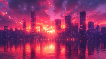 Fototapeta premium Ethereal Glow in Cyber Cityscape: Futuristic Urban Landscape with Neon Lights - Concept Art