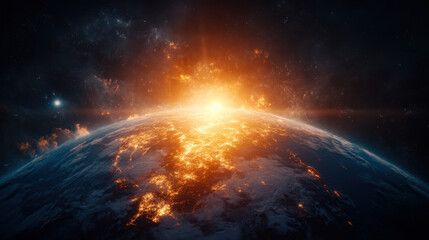 Obraz premium breathtaking view of massive explosion on Earth, showcasing fiery eruptions and glowing landscapes against cosmic backdrop. scene evokes sense of awe and wonder