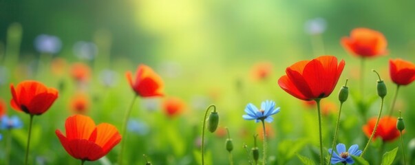 Poppies and cornflowers in a lush green summer meadow, poppies, floral field,