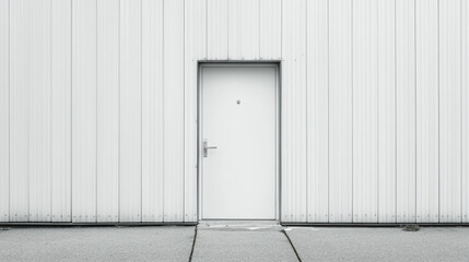 minimalist entrance door on white metal wall, showcasing simplicity and modern design. clean lines and neutral colors create serene atmosphere