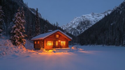 Fototapeta premium Serene Winter Retreat: Snowy Cabin and Trees in Oil Painting Style with Soft Gradients