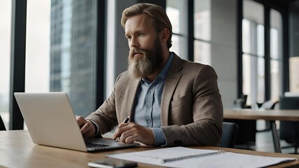 Fototapeta premium Zoom in of bearded caucasian businessman writing report on laptop at desk while working in open space office