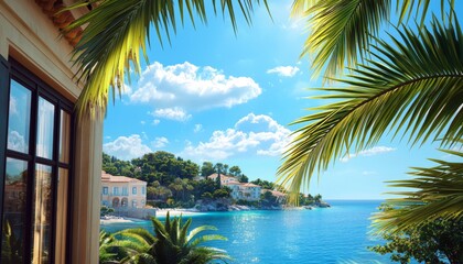 luxury villa framed by palm trees, showcasing a spectacular sea view, illuminated by the sun on a clear blue sky day, embodying relaxation and elegance