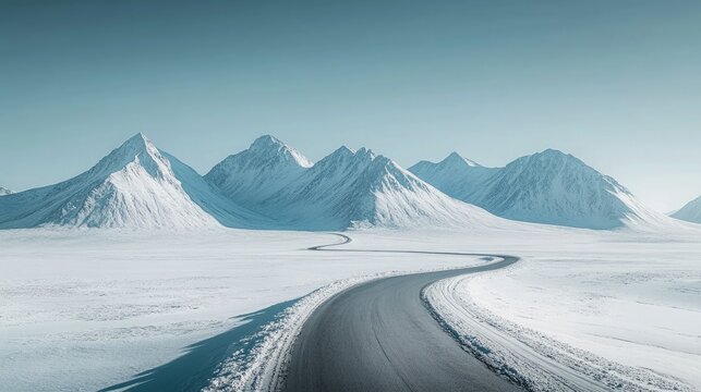 A high-angle winter landscape with a deserted asphalt road winding through snow-covered plains, aiming directly at a range of tall, snow-capped mountains under a clear sky.  