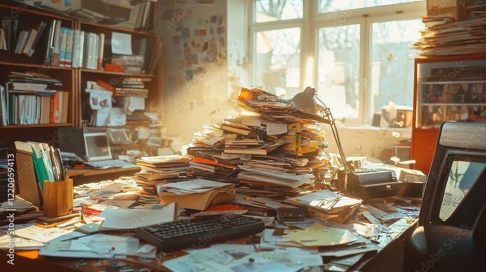 Poster organized workspace, a clean desk with neatly stacked paperwork, ample free space, soft ambient ligh