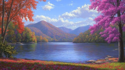 Fototapeta premium Autumnal Lake Serenity Colorful Trees and Mountain View