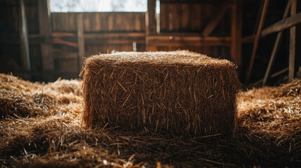 small rectangular hay bale sits in rustic barn, surrounded by straw. warm light creates cozy atmosphere, highlighting texture of hay