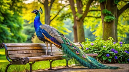 Fototapeta premium Majestic Blue Peacock Near Park Bench - Stunning Bird Photography