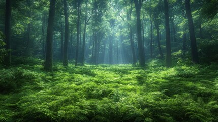 Obraz premium Enchanted Forest: Immersive Photorealistic Scene of Serene Woods with Mystical Fog and Soft Lighting