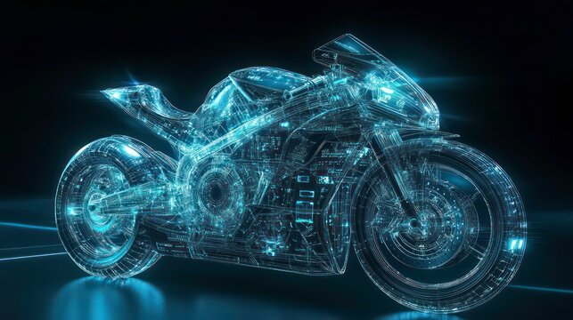 Futuristic transparent motorbike with glowing blue lines, digital rendering on dark background. - Powered by Adobe