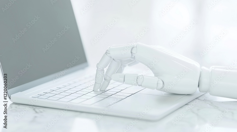 Poster robotic hand engaged with laptop keyboard, showcasing advanced technology interaction, emphasizing p