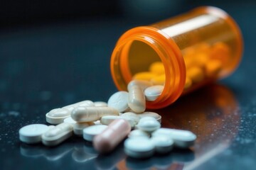 Prescription bottle with opioids pills and pill box, shiny, cash register