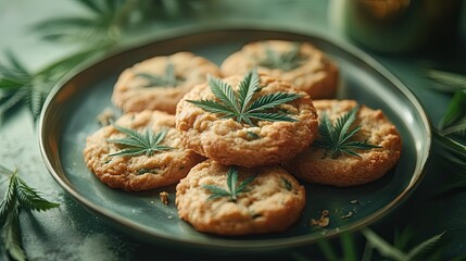 Edible cannabis cookies with hemp leaves on a green background. Food industry marketing, trendy lifestyle, modern consumer product presentation.