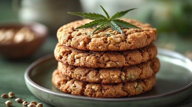 Edible cannabis cookies with hemp leaves on a green background. Food industry marketing, trendy lifestyle, modern consumer product presentation.