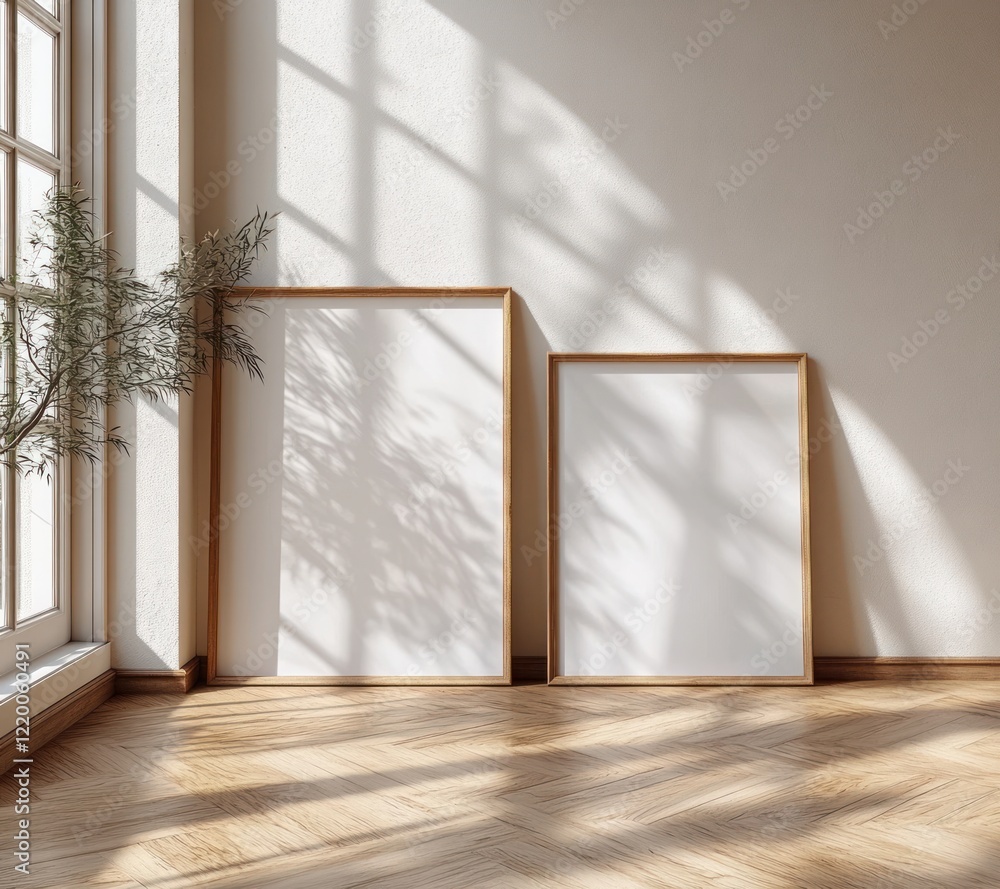 Poster minimalistic interior scene with empty picture frames leaning against a wall in scandinavian design 
