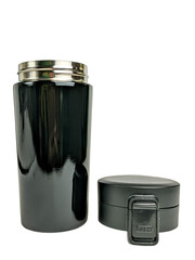 black stainless steel coffee tumbler isolated on white background