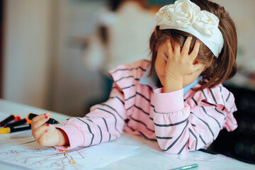 Unhappy Kid Feeling Frustrated with Her Dawning Assignment. Stressed out kid feeling overwhelmed...