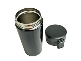 black stainless steel coffee tumbler isolated on white background