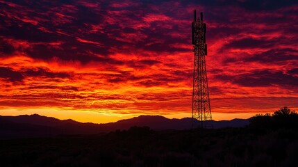 Naklejka premium A large communications tower silhouetted against a glowing sunset, with a rugged mountain range in the distance. The sky is painted with deep reds and oranges, casting a warm glow over the scene.