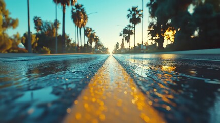 City Avenue Journey, a wide-open road lined with trees leading towards a vibrant city skyline, inviting exploration and adventure amidst the calm of nature.