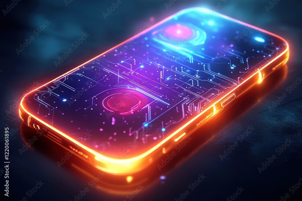 Poster futuristic smartphone glowing with neon colors featuring intricate circuit patterns in a dark room w