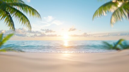 Fototapeta premium Tropical Beach Serenity, a pristine shoreline with golden sands, gentle waves lapping at the shore, lush palm trees swaying in the breeze, inviting a tranquil escape.